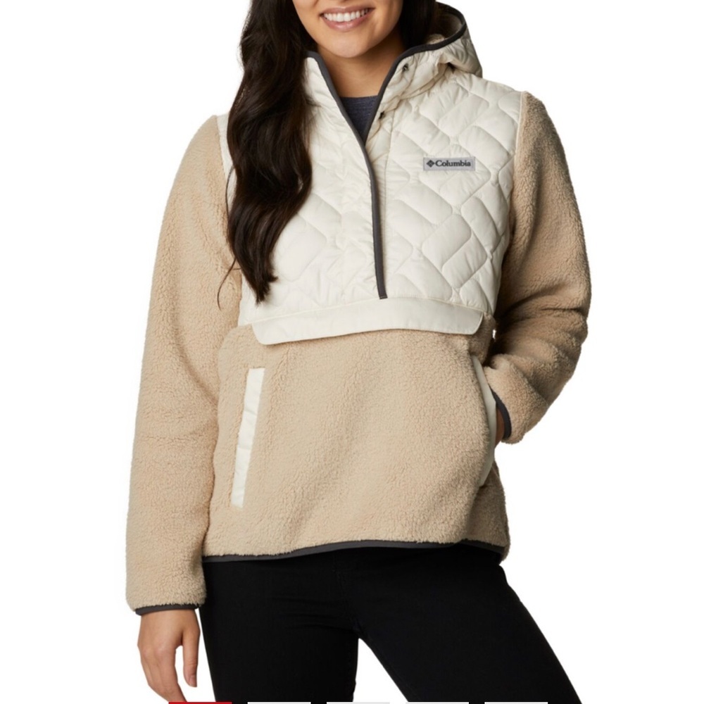 COLUMBIA Sweet View Hooded Sherpa Fleece Teddy Jacket Quarter Snap Cream & Tan S